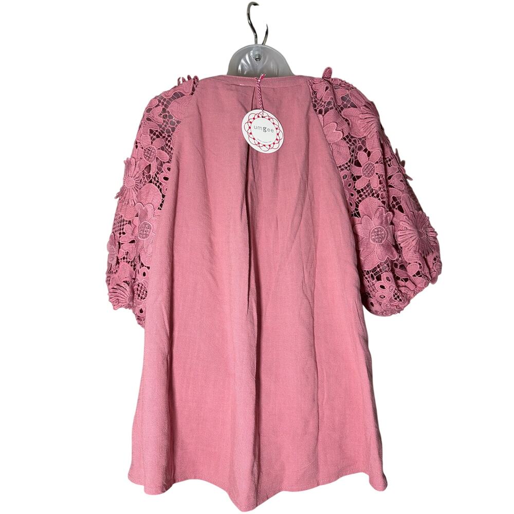 UMGEE COTTON LINEN BOXY CUT TOP WITH 3D FLORAL SLEEVES SZ L PINK NEW WITH TAGS - Picture 3 of 5